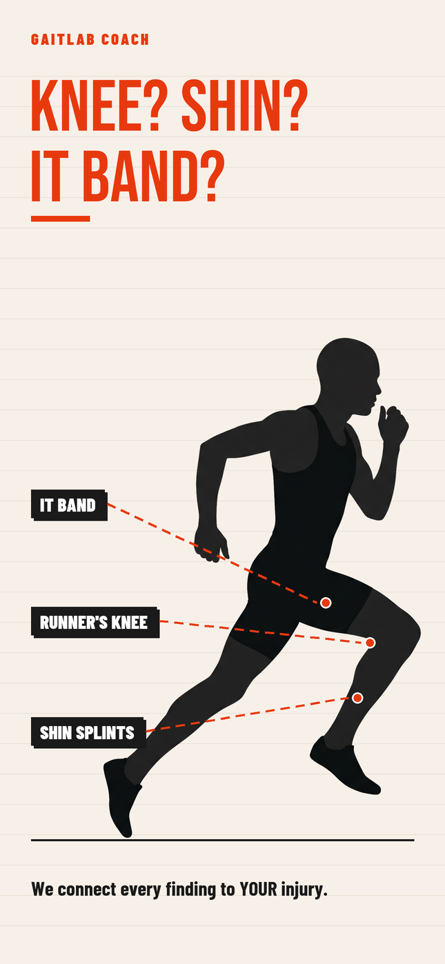 Knee, shin, IT band — injury labels pinned to the exact body regions the analysis targets