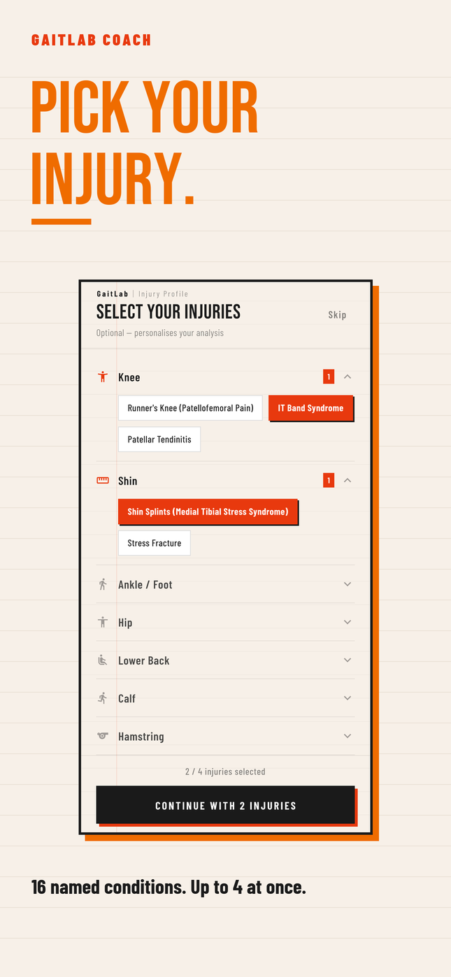 Pick your injury — 16 named conditions, up to 4 at once