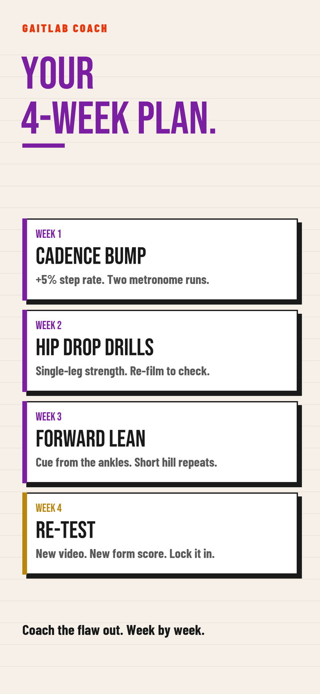 Your 4-week plan — cadence bump, hip drop drills, forward lean, re-test